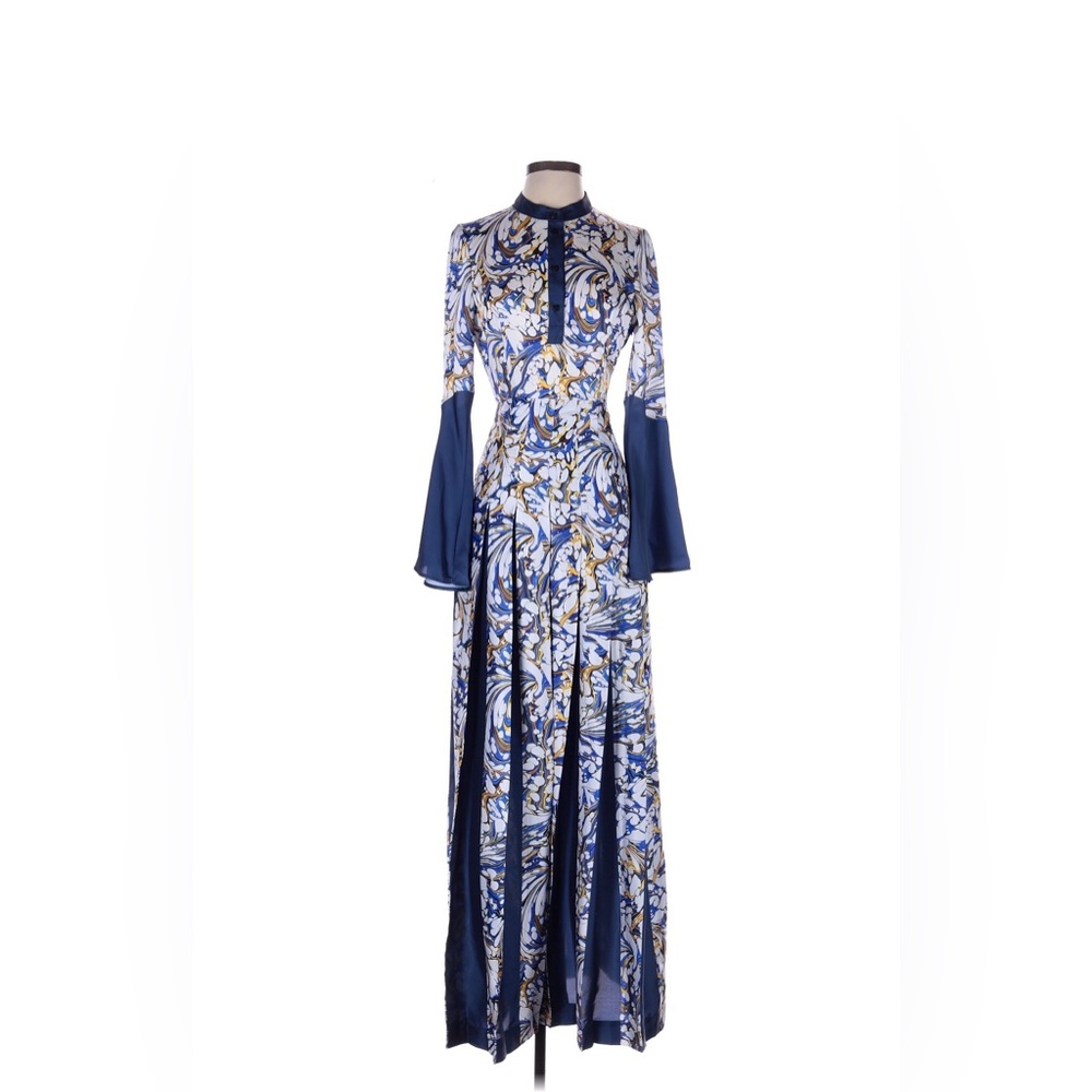 MARY KATRANTZOU Blue, White and Gold Floral-Print Bell Sleeve Maxi Dress